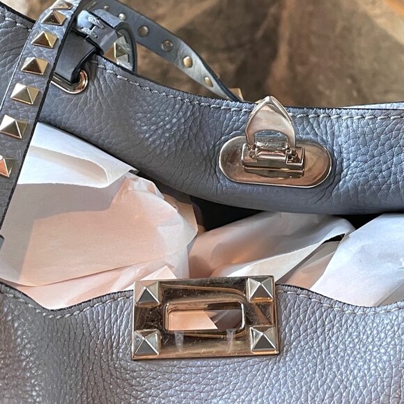 Valentino Grey Leather Rockstud Medium Shopping Tote - Picture 7 of 12